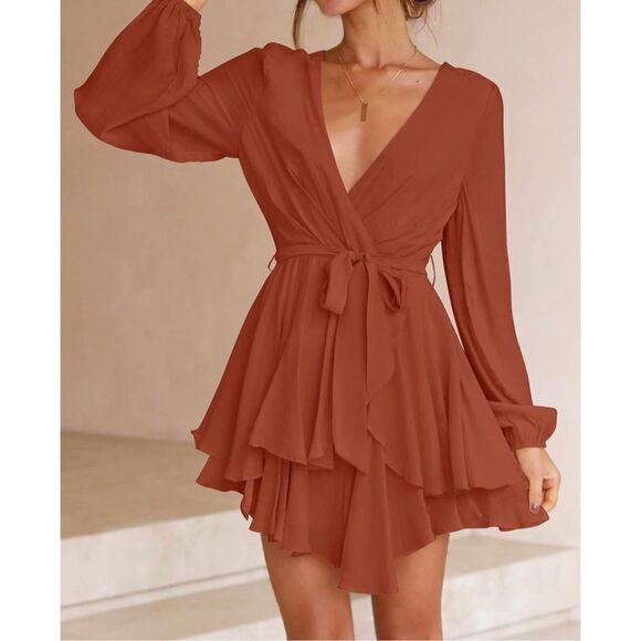 NEW ZESICA Casual Wrap V Neck Tie Waist Dress Rust Large - Picture 2 of 5